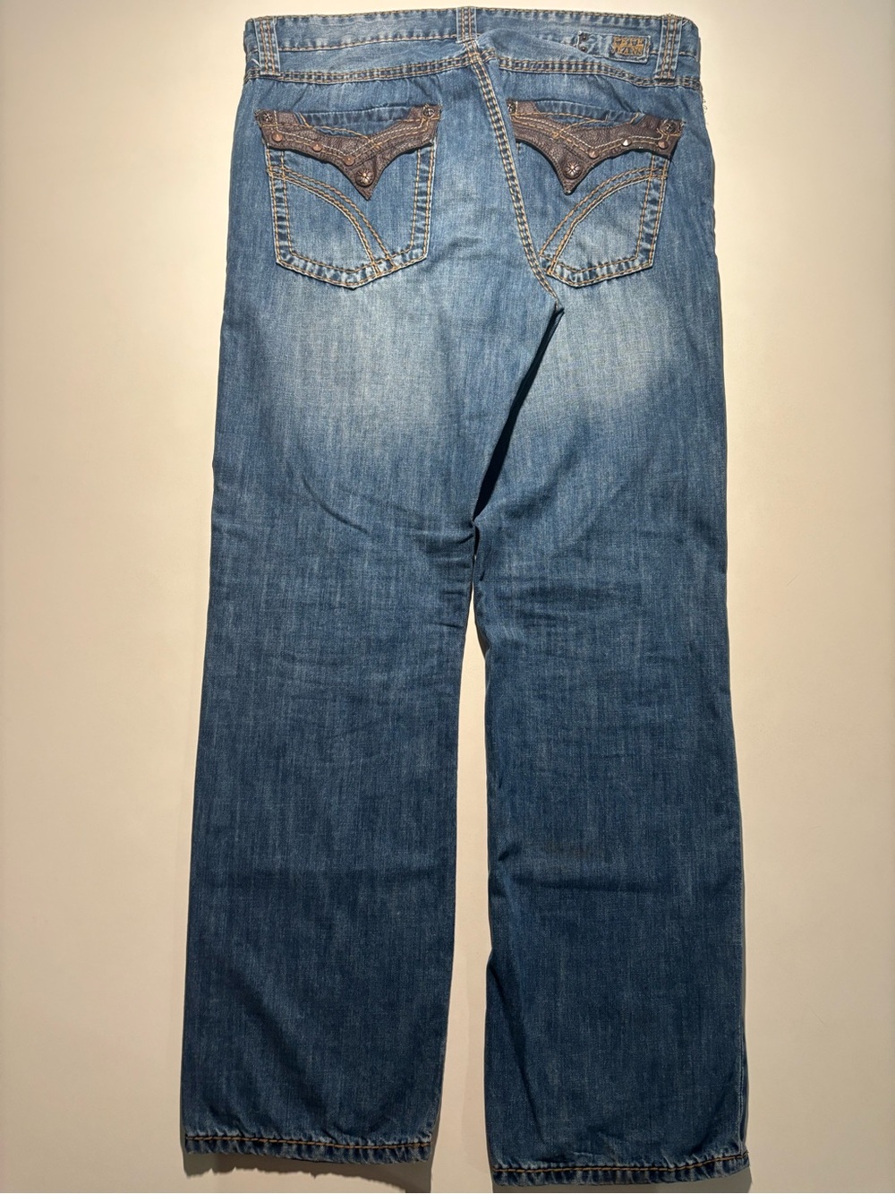 Vintage Y2K Pepe faded dark/light blue jeans thick stitching grunge cross button